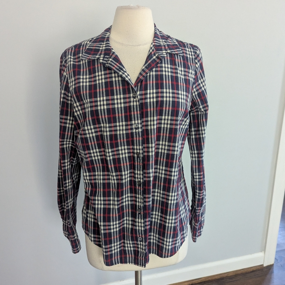 Women's J.Crew Navy Red White Plaid Button Down 12